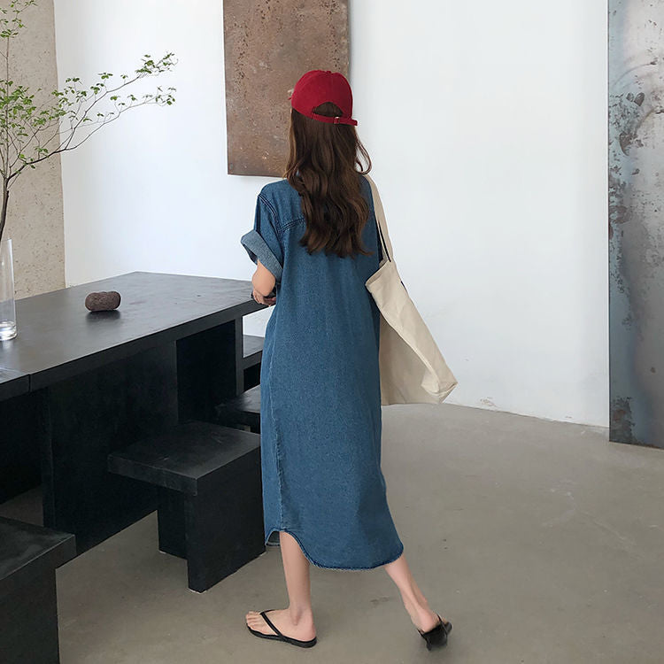 Short Sleeve Denim Shirt Dress for Women Loose Jean