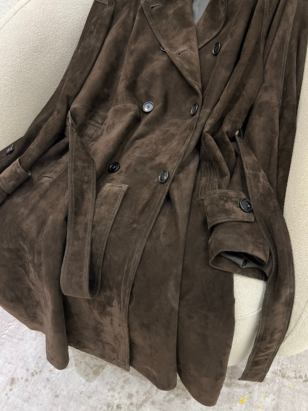 Women’s Brown Suede Double-Breasted Trench Coat with Belt