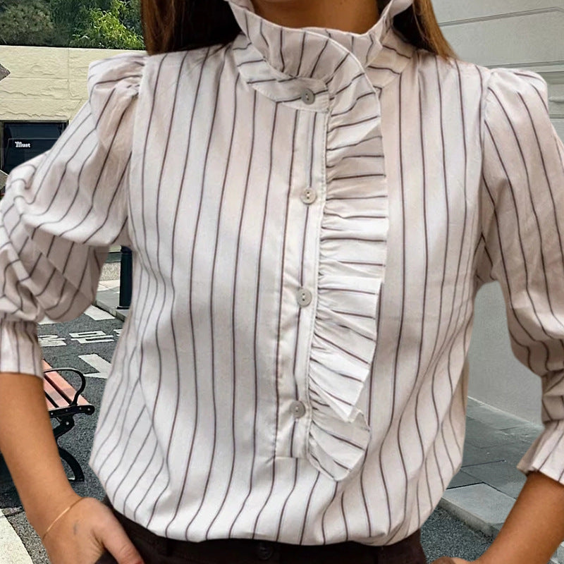 Beige Brown Women's Striped Button Down Shirt