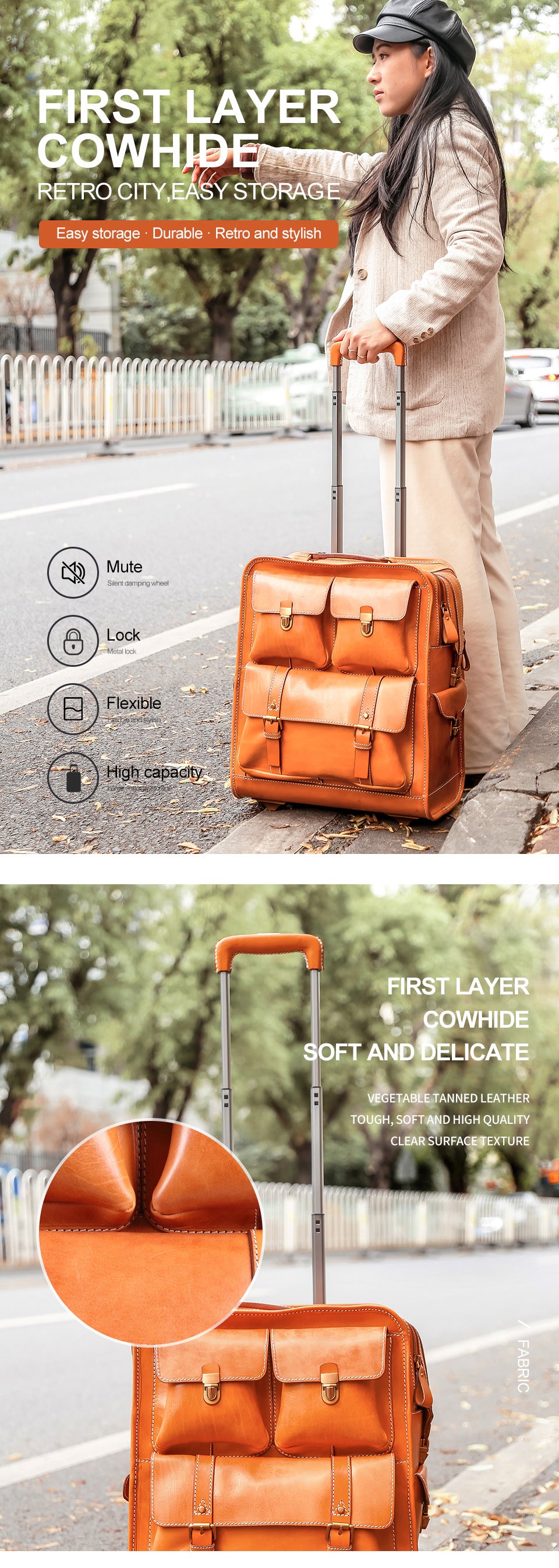 Leather Carry On Trolley Suitcase Cabin Bag with Wheels