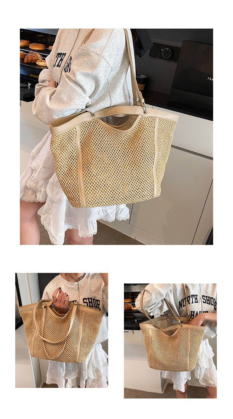 Woven Straw Beach Bag with PU Leather Trim