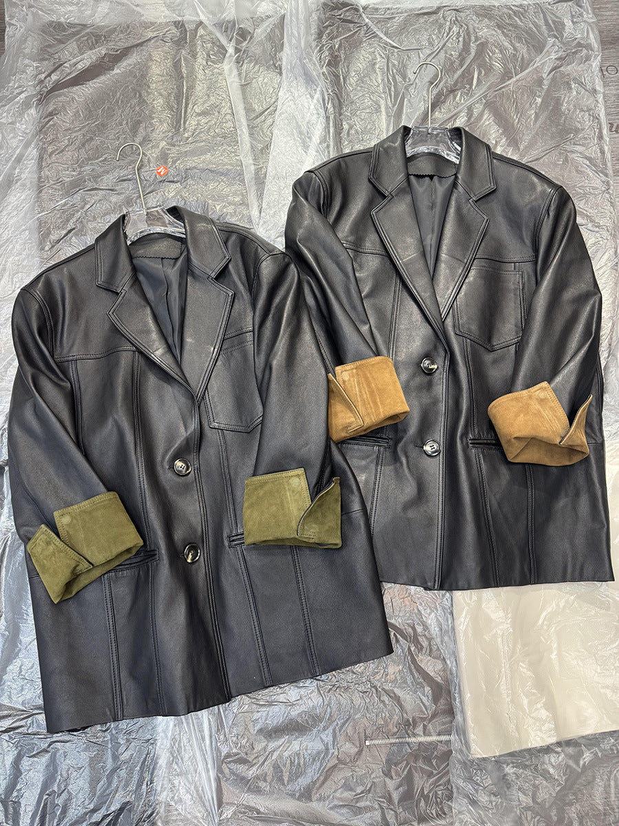 Women Leather Jacket Mid-Length Blazer with Suede Cuffs