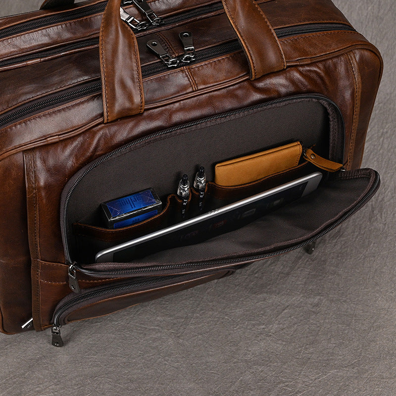 Genuine Leather Office Laptop Bag for Men with Trolley Sleeve