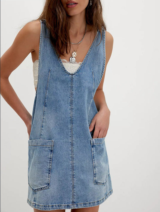 Denim Pinafore Overall Dress with Pockets
