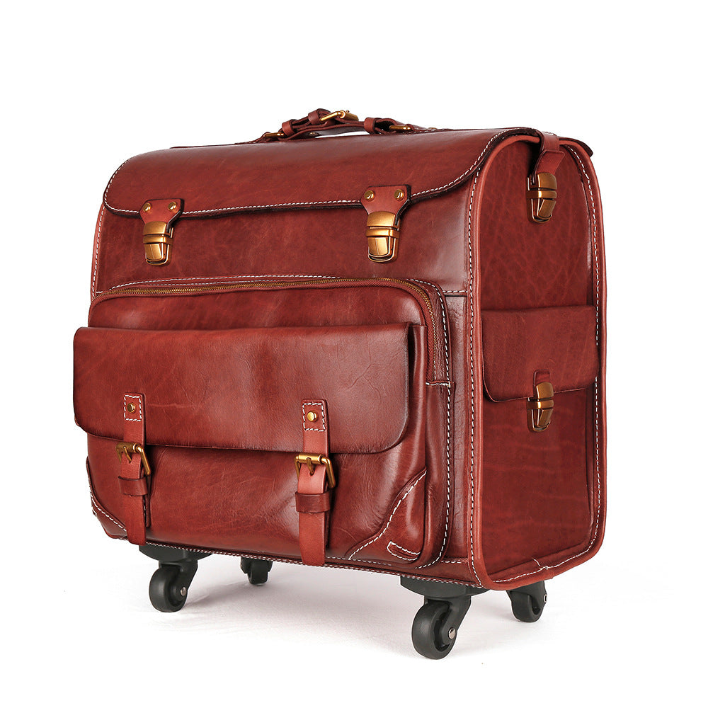 Genuine Leather Trolley Suitcase 20 Inch Cowhide Carry-On Luggage