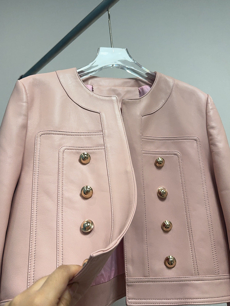 Women Cropped Leather Jacket Round Neck with Gold Buttons