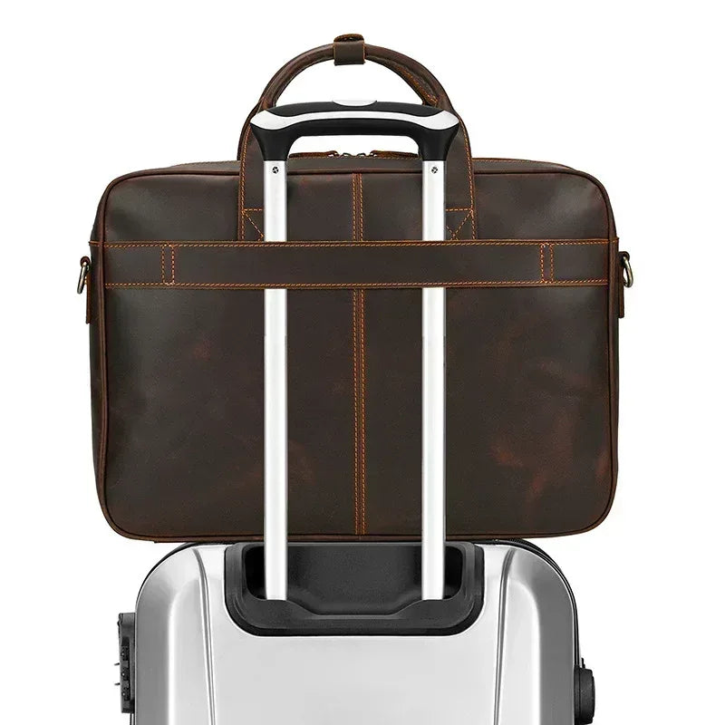 Genuine Leather Carry-On Office Bag with Trolley Strap