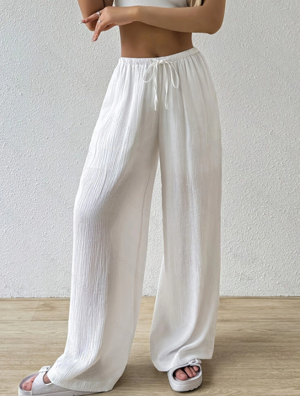 White Cotton Lounge High Waisted Pants for Women with Pockets