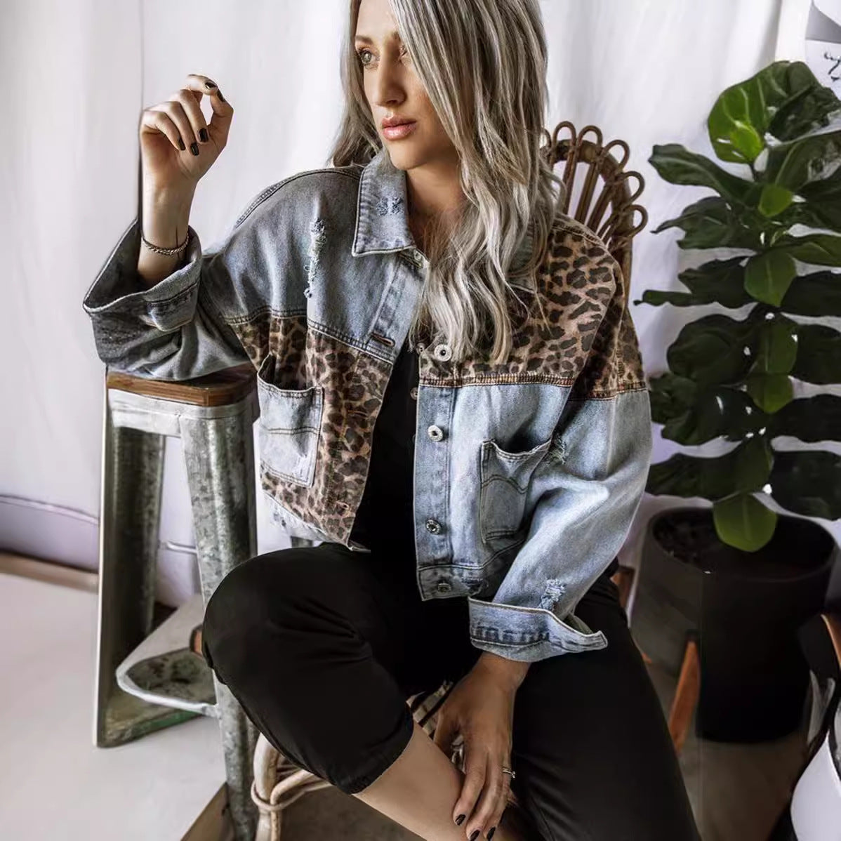 Leopard Patchwork Cropped Denim Jacket for Women