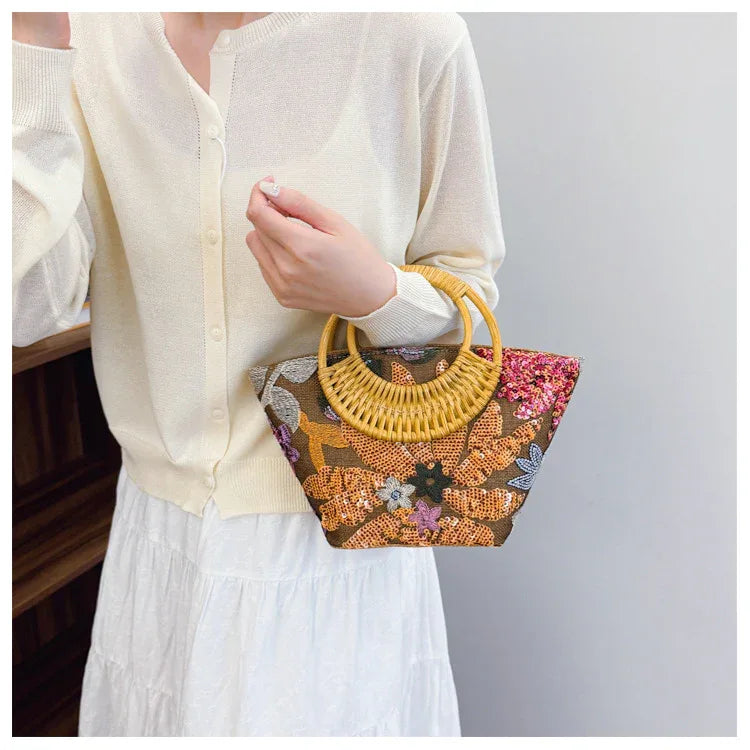 Woven Summer Straw Purse with Bamboo Handle