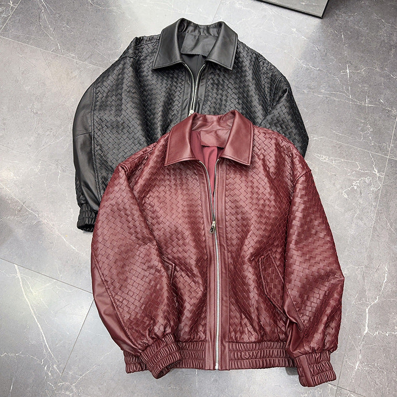 Old Money Style Braided Leather Jacket Loose Fit