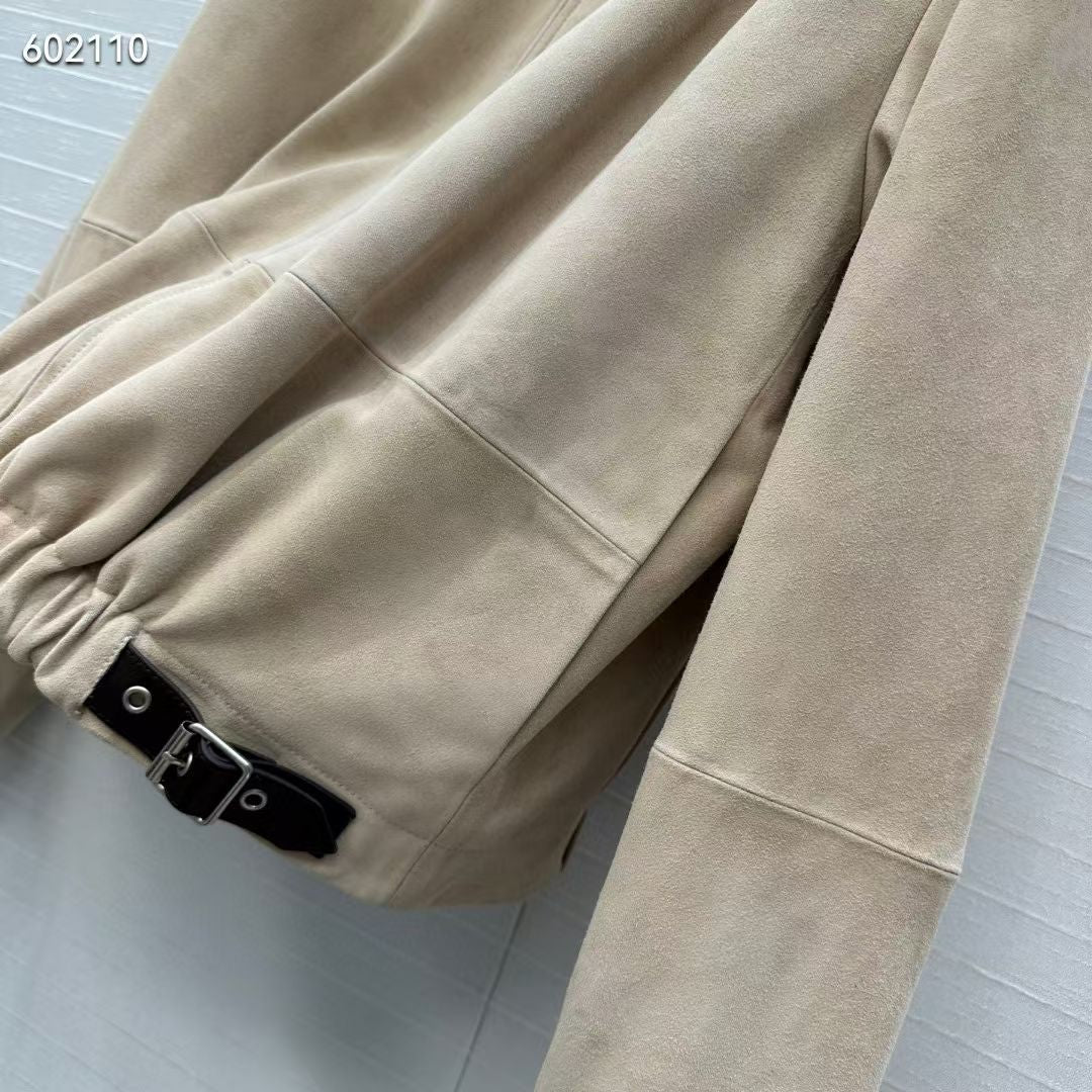 Women Beige Suede Bomber Jacket With Buckle Detail