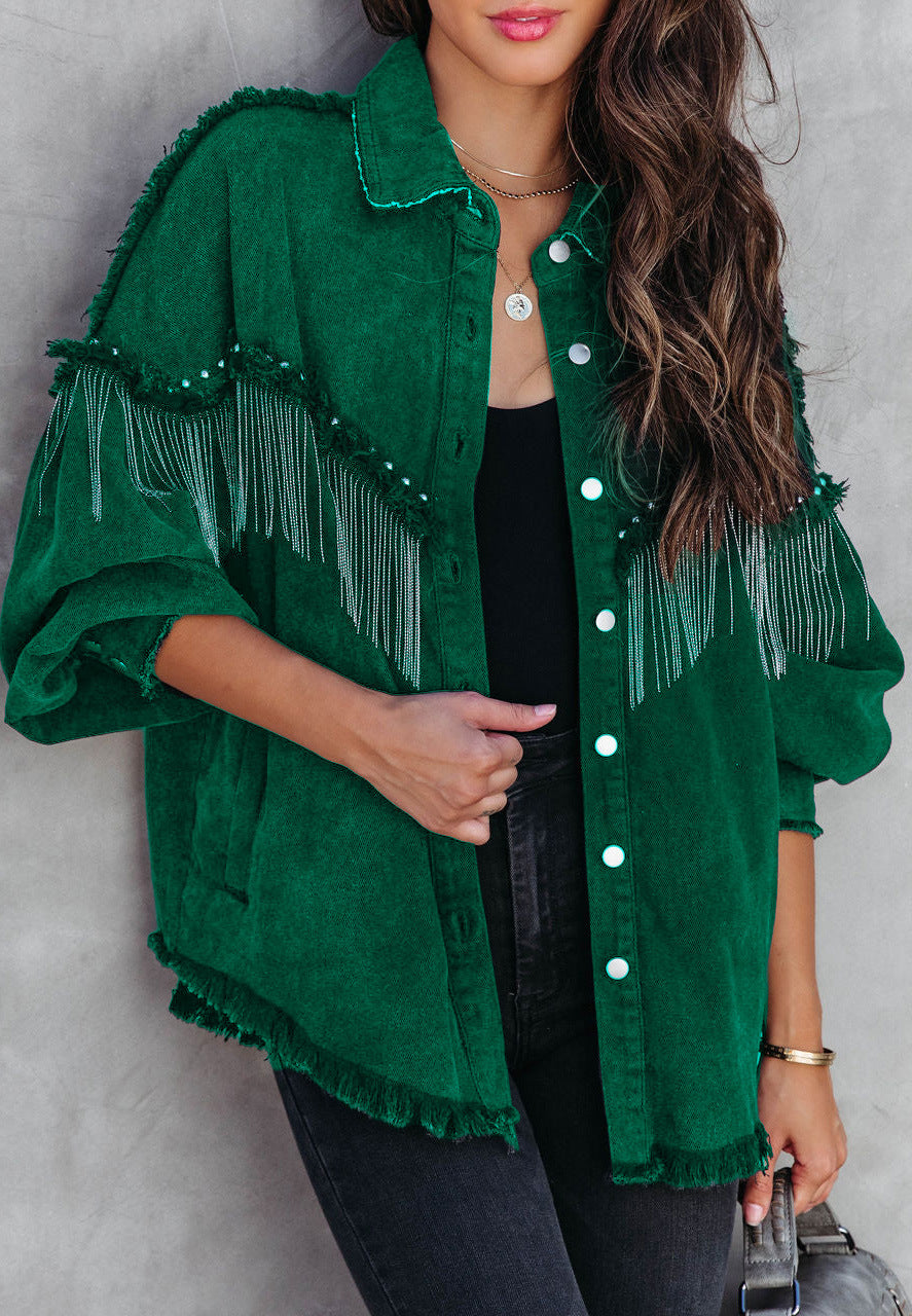 Women Denim Jacket with Chain Rivet Fringe