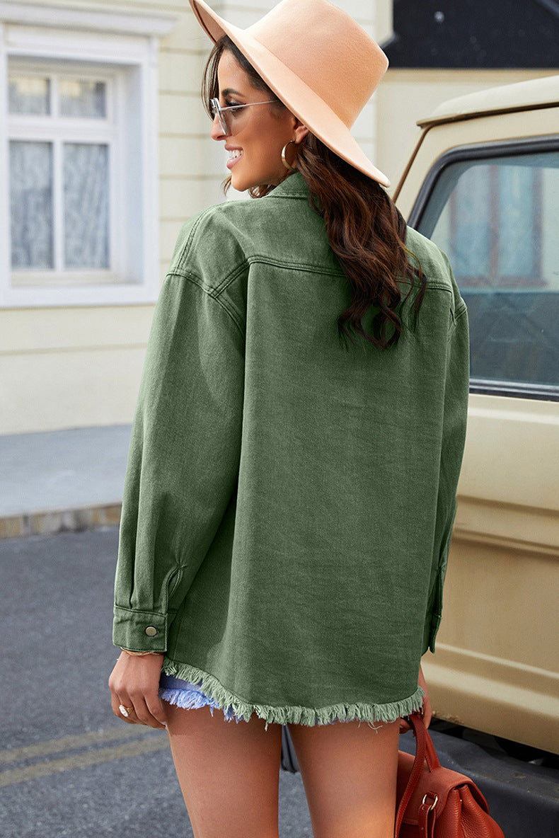 Oversized Lightweight Denim Shirt Jacket With Frayed Hem