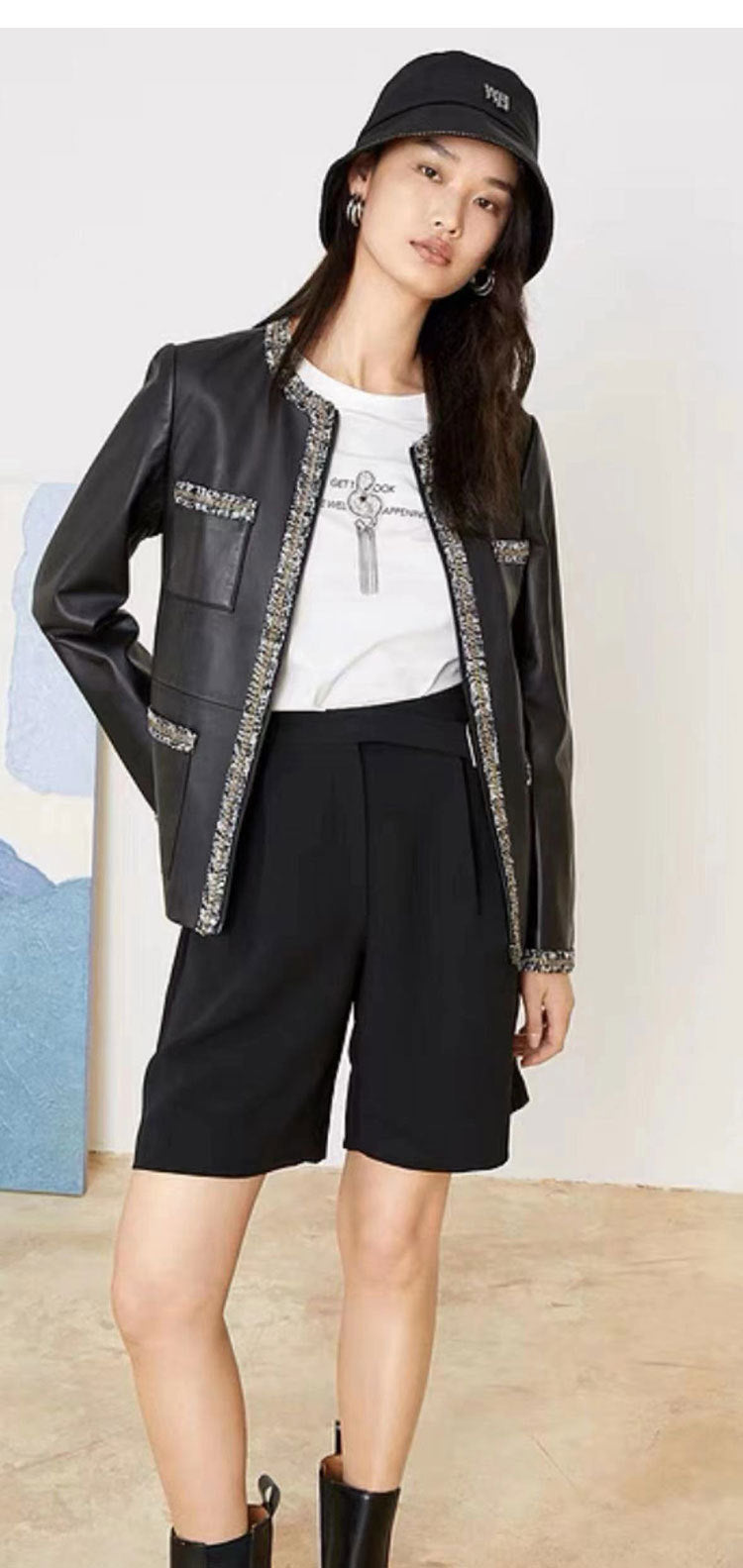 Women’s Leather Jacket with Chain Trim and Tweed Edge
