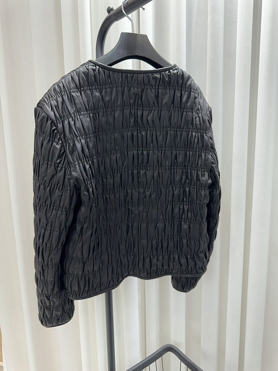 Women Leather Pleated Jacket Quilted V-Neck Short Coat