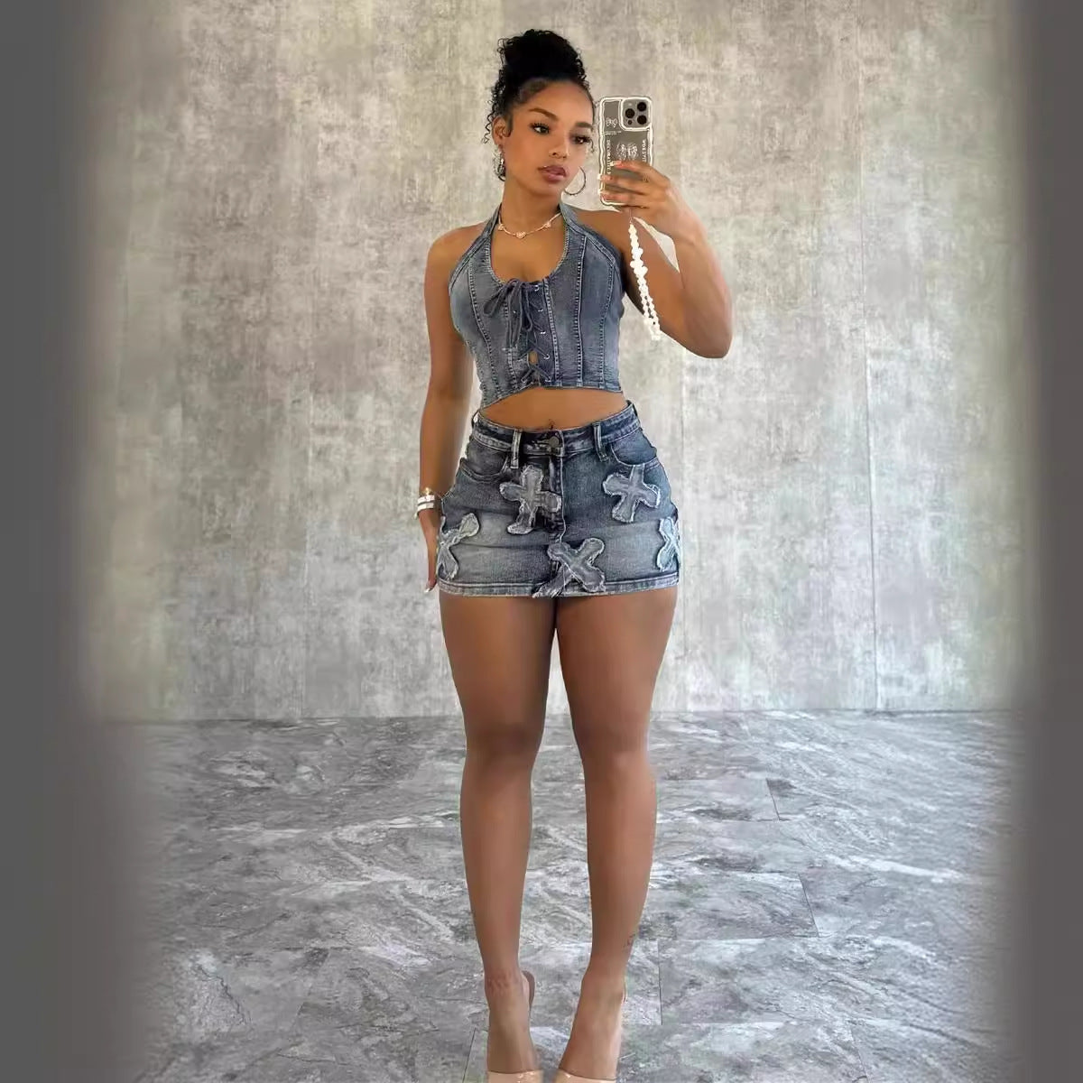 Denim Halter Lace-Up Vest Top for Women