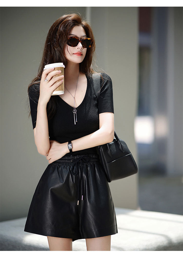 Women’s High Waisted Black Leather Shorts Wide-Leg