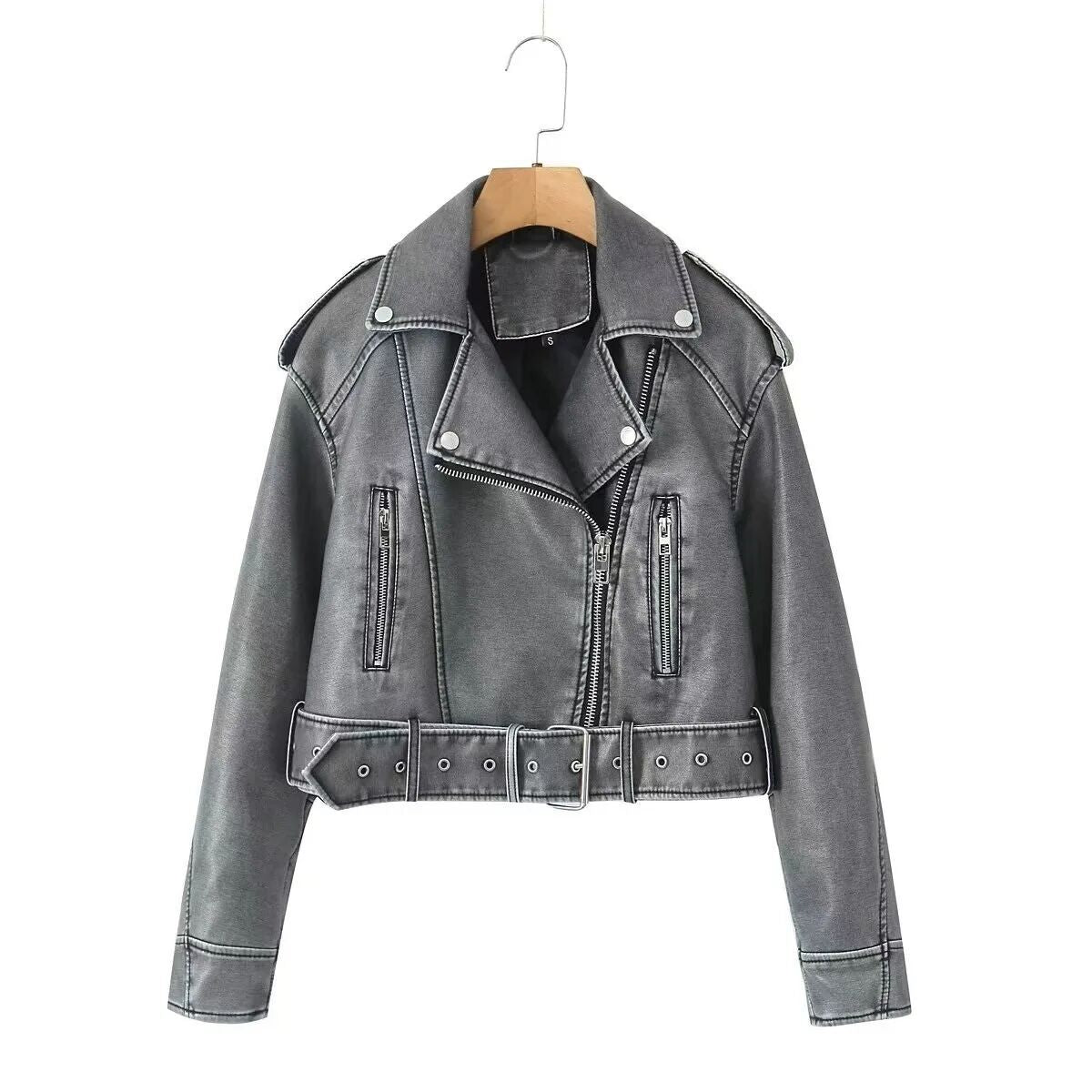 Women Retro Faux Leather Biker Jacket Cropped Moto Jacket with Belt