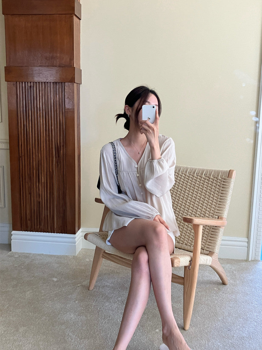 Women's Button Front Puff Sleeve Blouse
