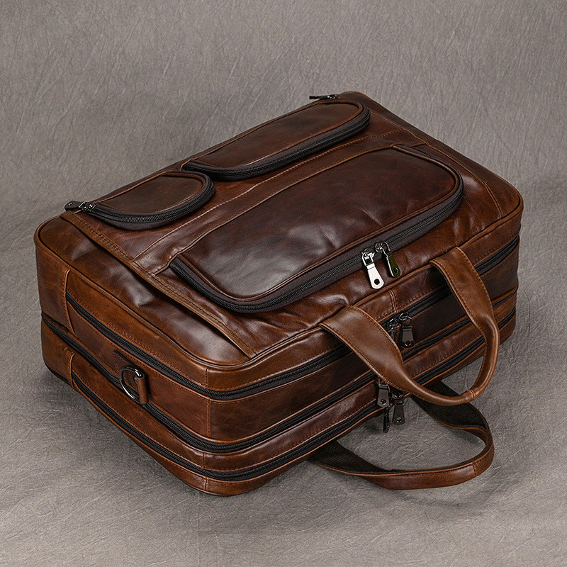 Genuine Leather Office Laptop Bag for Men with Trolley Sleeve