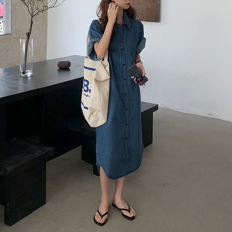 Short Sleeve Denim Shirt Dress for Women Loose Jean