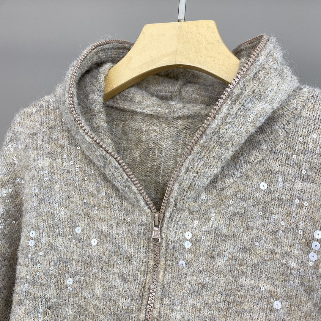 Women Mohair Cashmere Sequin Zip Cardigan Hoodie
