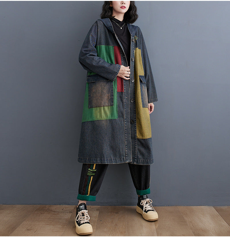Hooded Oversized Denim Trench Coat for Women