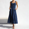Denim Overall Long Dress with Buttons and Pockets for Women