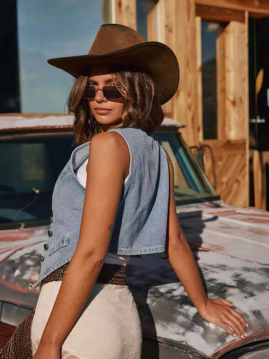 Women's Denim Sleeveless Vest Flap Pocket