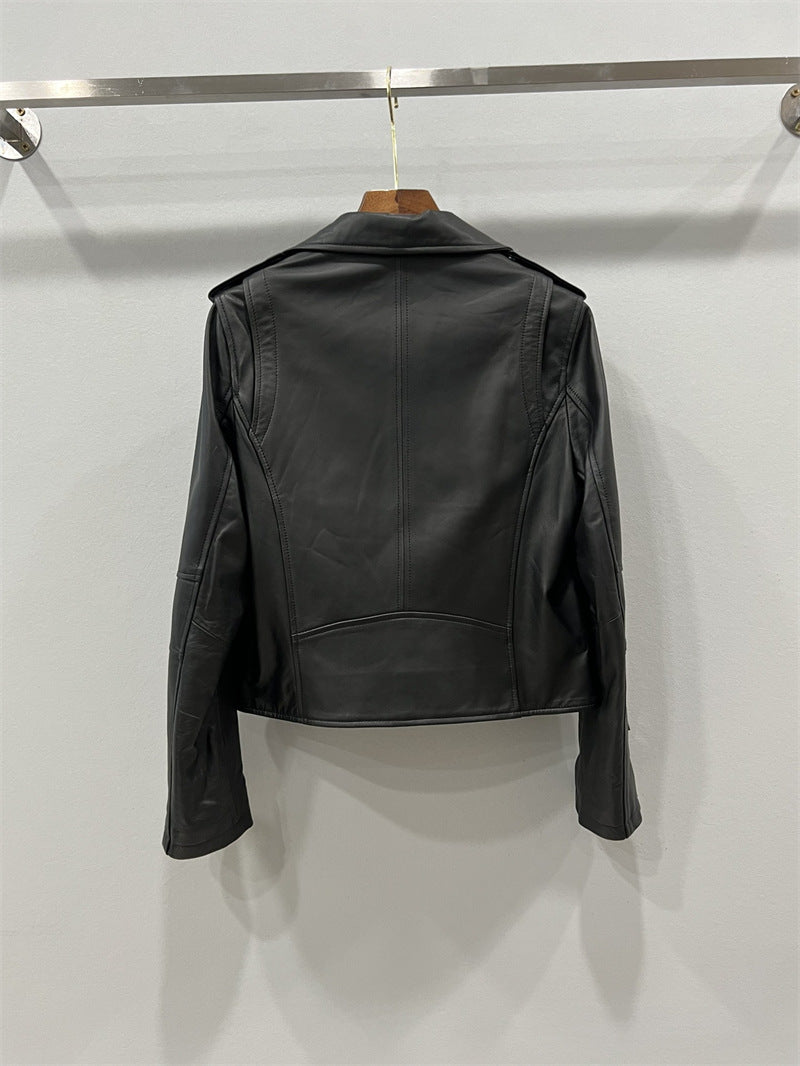 Women’s Genuine Leather Bomber Moto Jacket Black Short Fit
