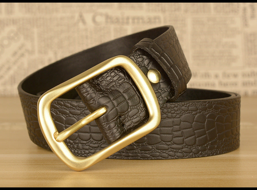 Men Leather Belt with Copper Buckle Crocodile Pattern