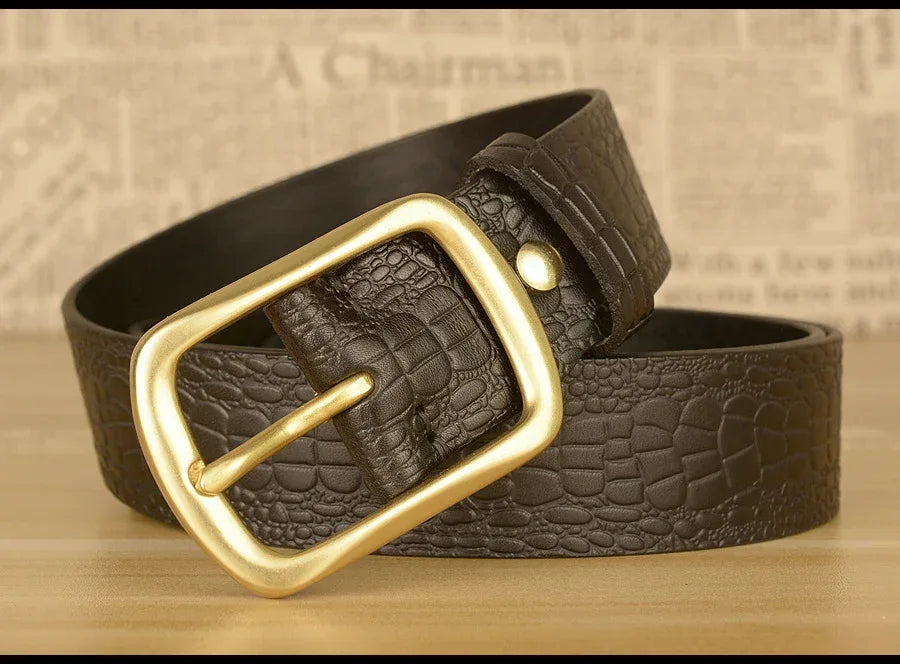 Men Leather Belt with Copper Buckle Crocodile Pattern
