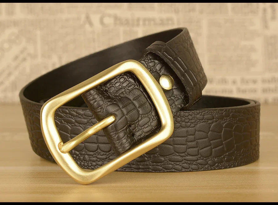 Men Leather Belt with Copper Buckle Crocodile Pattern