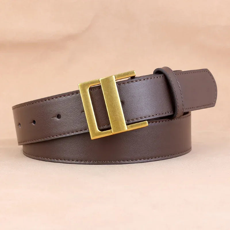 Genuine Leather Belt for Women with Gold Brass Buckle Brown 2