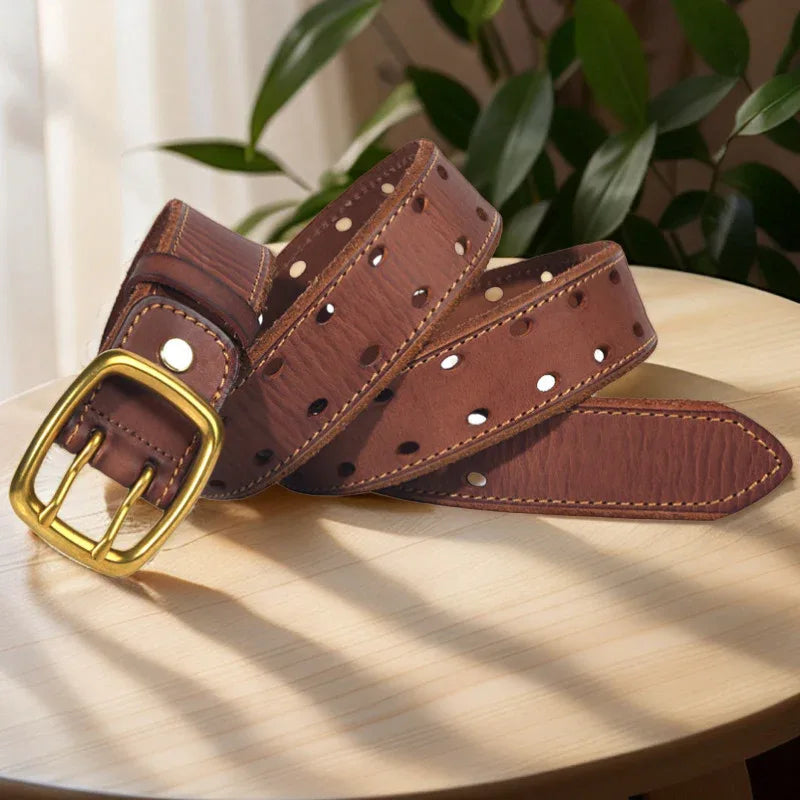 Men’s Genuine Leather Belt with Double Row Holes