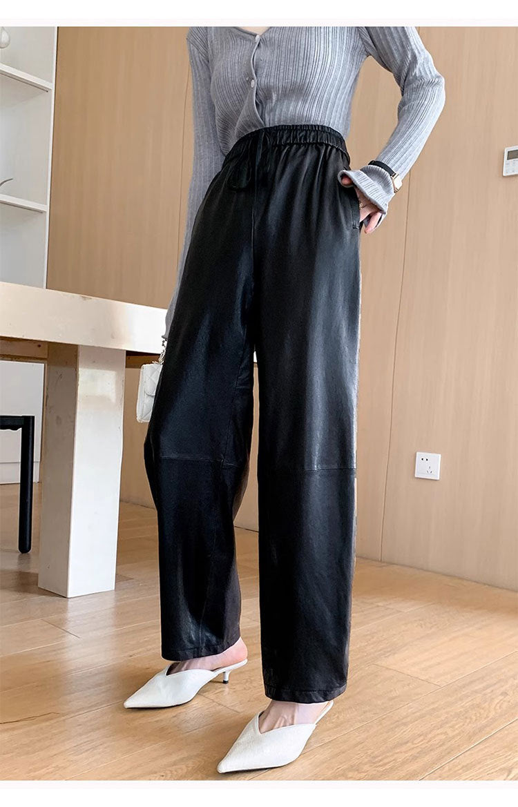 Women’s Leather Trousers High-Waisted Black Wide-Leg Pants
