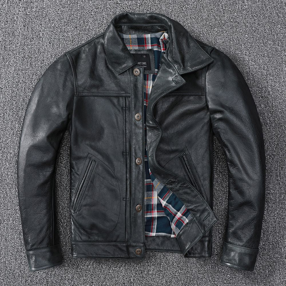 Black Leather Jacket Men Slim Fit Biker Oil Wax Vintage Style