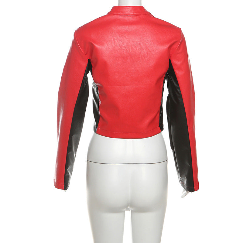 Women's Red Faux Leather Jacket with Cropped Biker Bomber Fit