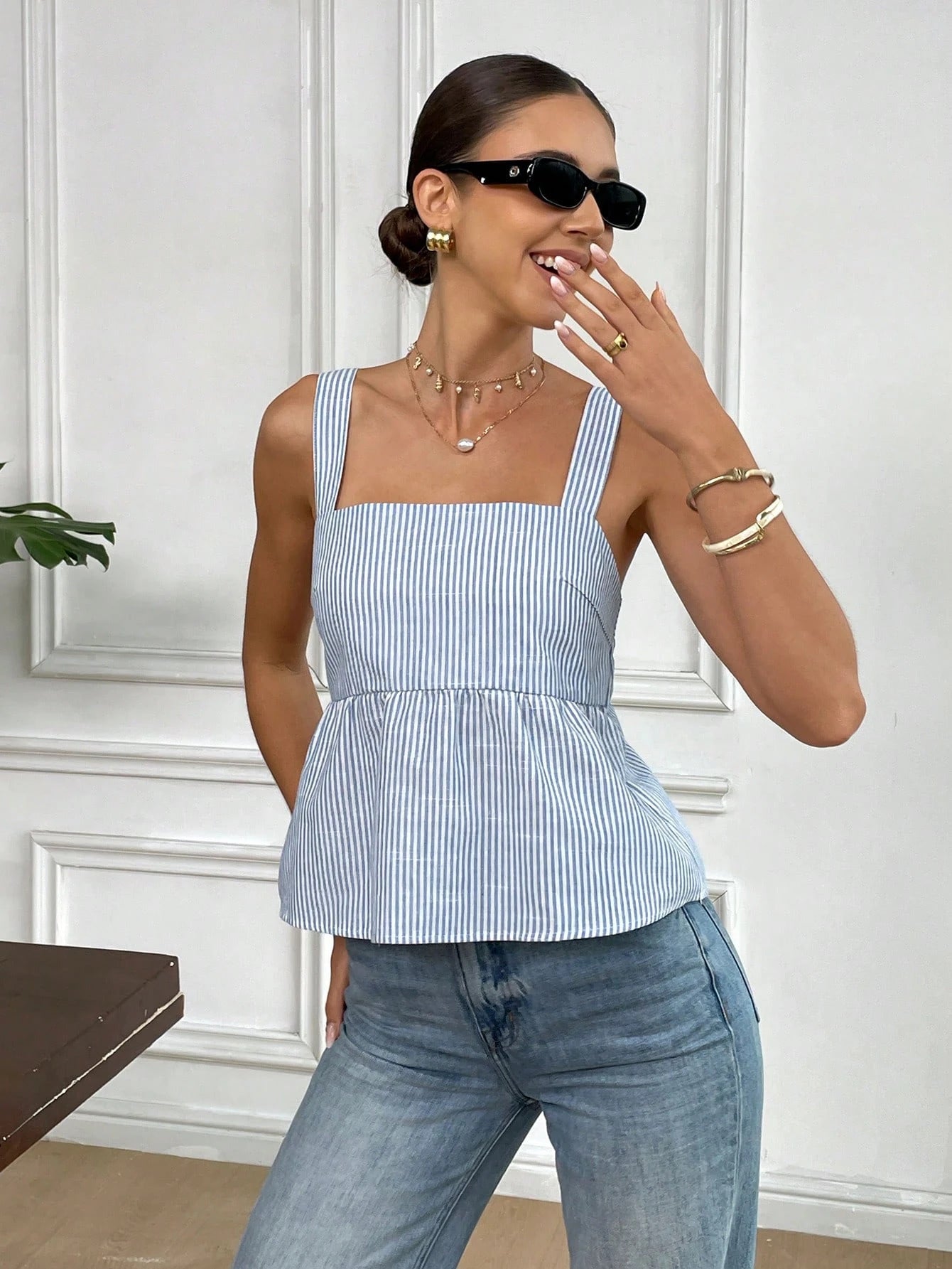 Knotted Back Striped Blouse