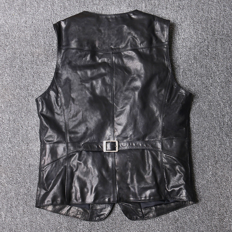 Men Leather Vest Sheepskin Black V-Neck Button Waistcoat