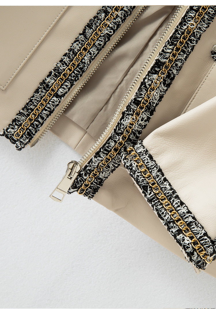Women’s Leather Jacket with Chain Trim and Tweed Edge