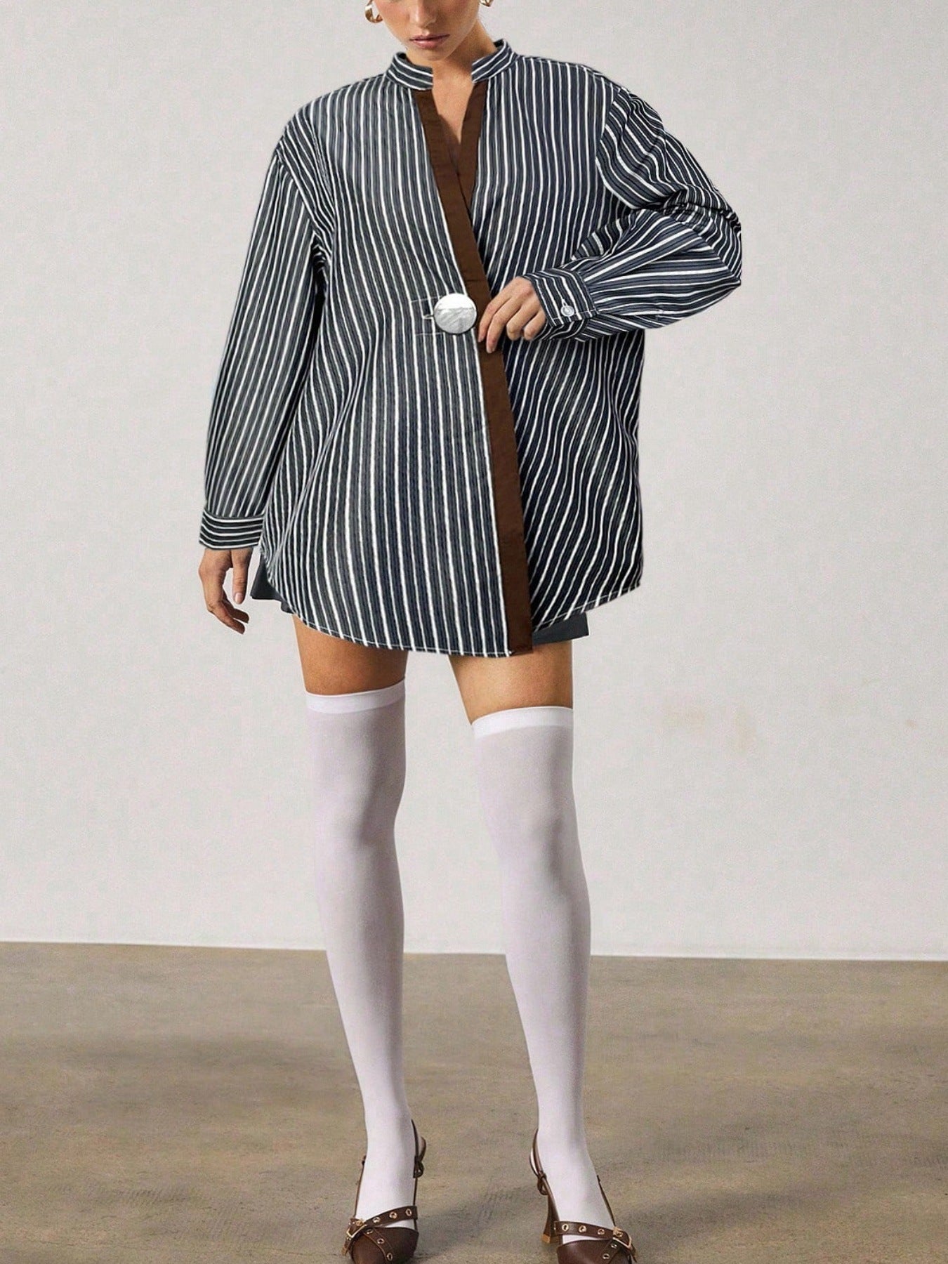 Classic Striped Drop Shoulder Shirts For Ladies