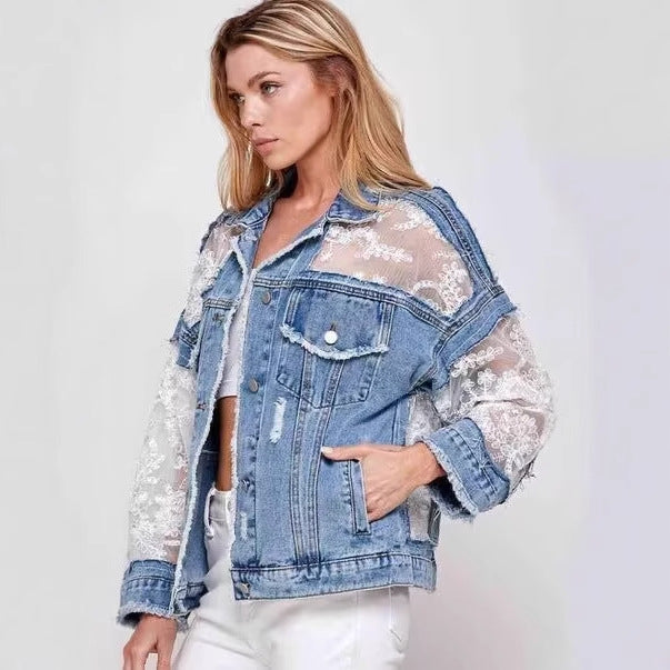 Mesh Spliced Oversized Denim Jacket with Lace Sleeves