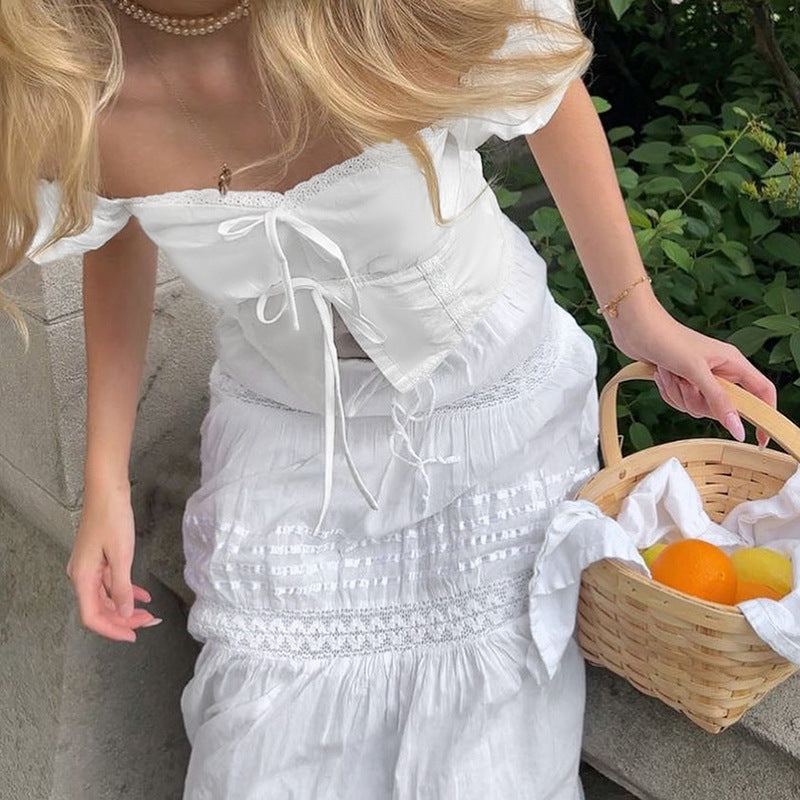 Lace Patchwork Tie Front Puff Sleeve Crop Top