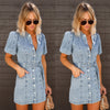 Short Sleeve Button Down Denim Mini Dress with Belt