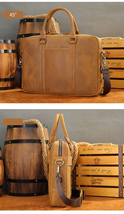 Genuine Leather Office Bag with Trolley Sleeve for Men