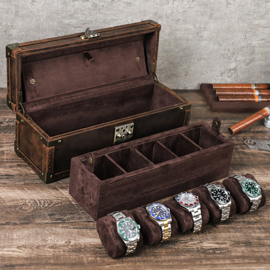 Vintage Leather Watch Storage Chest Box for Men 6 Slot