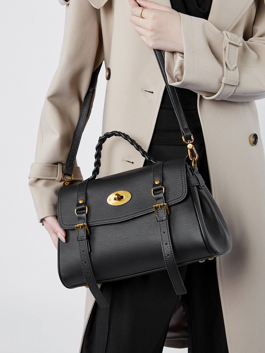 Black Leather Shoulder Bag for Women Braided Handle