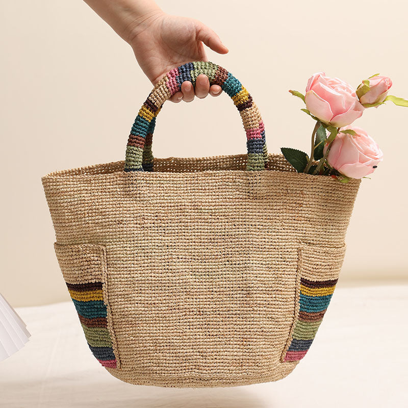 Woven Summer Straw Raffia Tote with Rainbow Handles